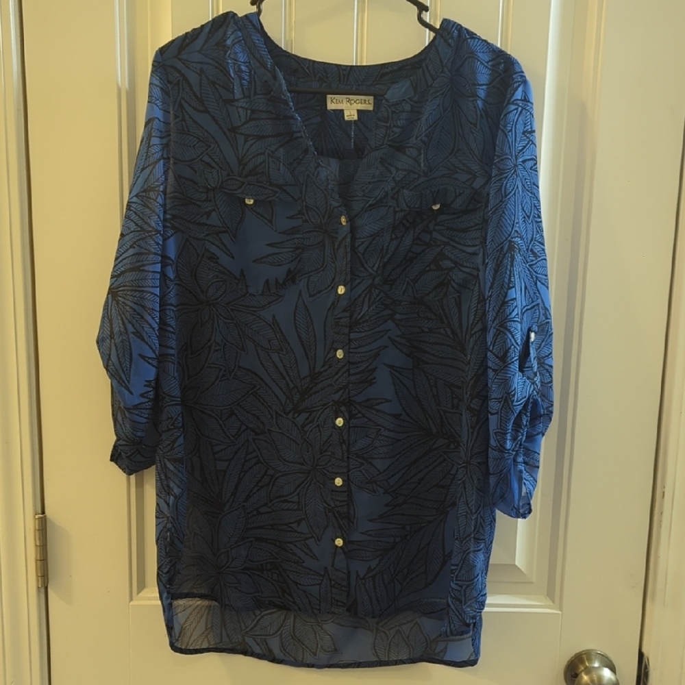 ⭐5/$25-Kim Rogers Navy Sheer Blouse with Leaf Pattern